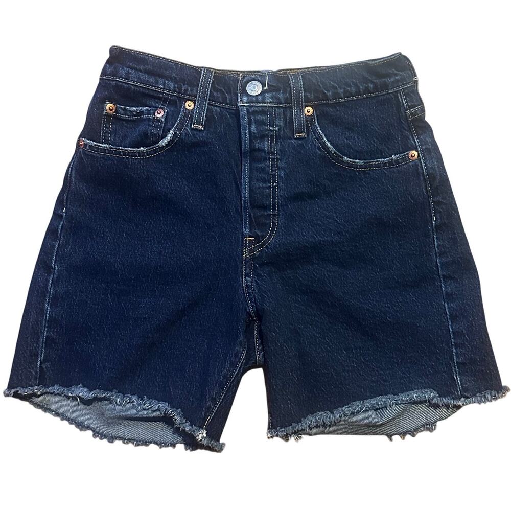 Levi's 501 Button Fly Dark Wash Mid-Thigh Denim Jean Short, Frayed, Size 25